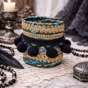 SIGNED OOAK Handmade Boho Gothic Wide Cuff Bracelet – Black Pom Pom Fringe 7-8